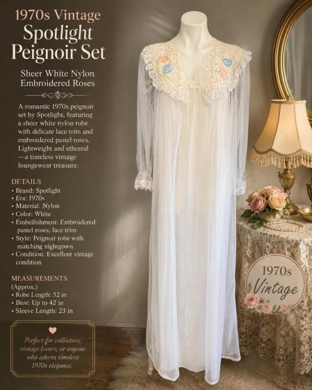 Vintage Spotlight White Nylon Peignoir Set Sheer Robe Gown Embroidered Roses  M